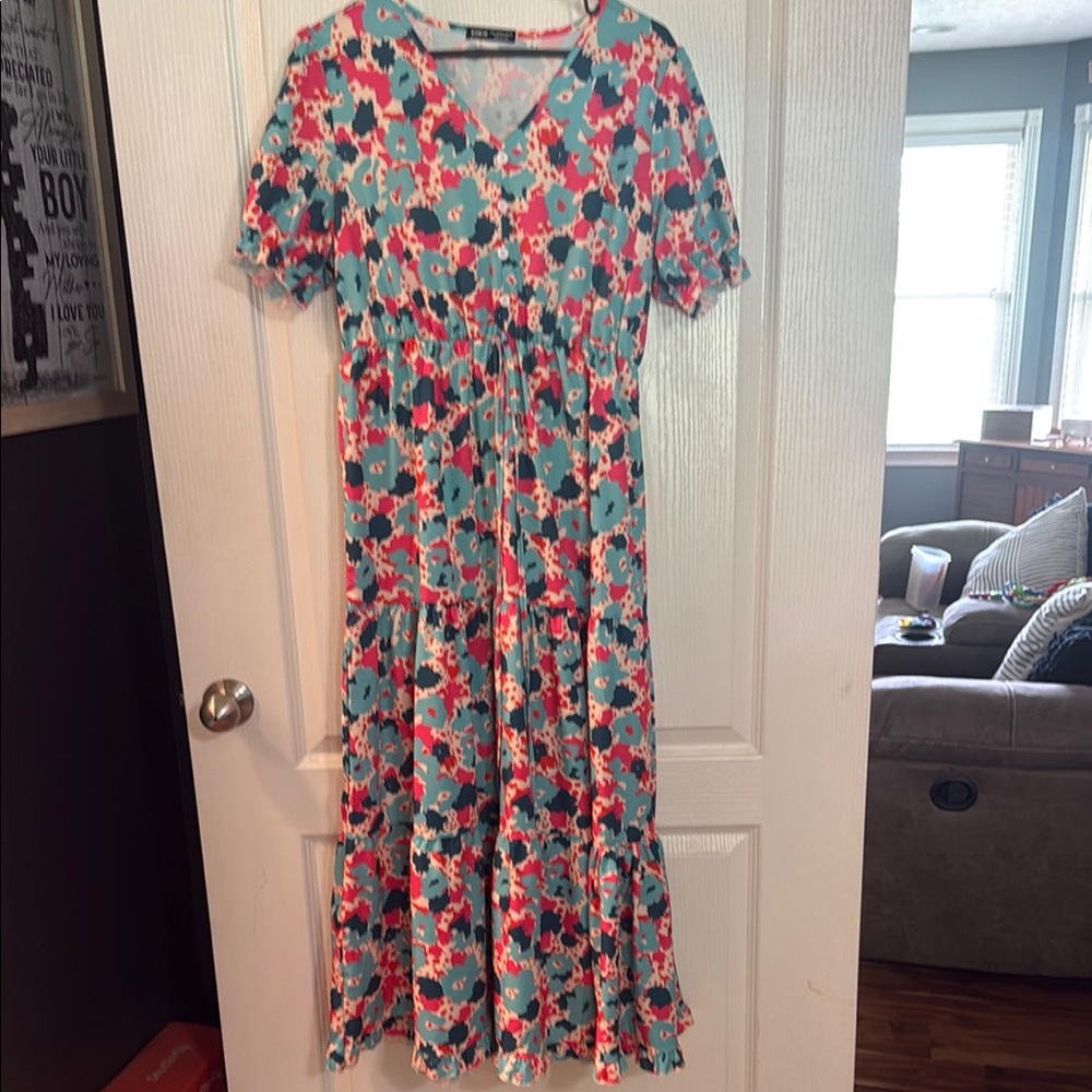 SHEIN Red and Pink V-Neck Flutter Sleeve Maxi Dress